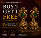 Antique Gold Peacock Stone Jhumka Earrings with Green & Pink Crystal Accents