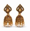 Antique Gold Floral Pearl Jhumka Earrings with Crystal Accent