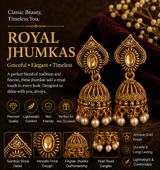 Antique Gold Floral Pearl Jhumka Earrings with Crystal Accent