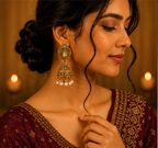 Antique Gold Floral Pearl Jhumka Earrings with Crystal Accent
