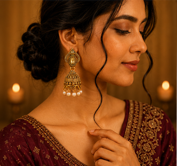 Antique Gold Floral Pearl Jhumka Earrings with Crystal Accent