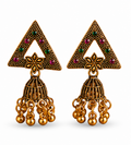 Antique Gold Triangle Stone Jhumka Earrings with Bell Drops
