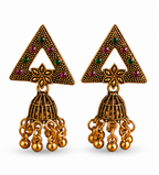 Antique Gold Triangle Stone Jhumka Earrings with Bell Drops