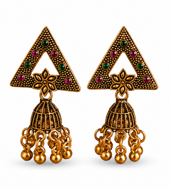Antique Gold Triangle Stone Jhumka Earrings with Bell Drops
