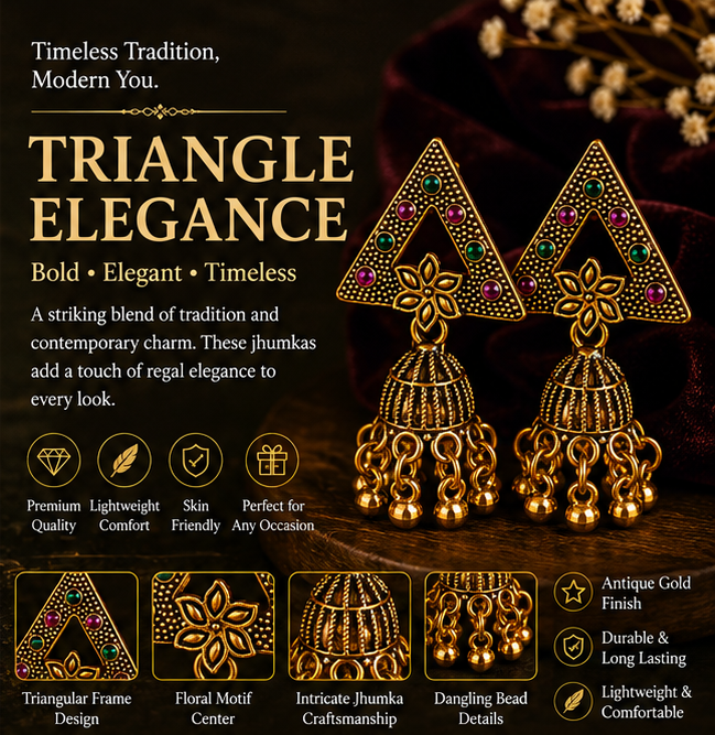 Antique Gold Triangle Stone Jhumka Earrings with Bell Drops