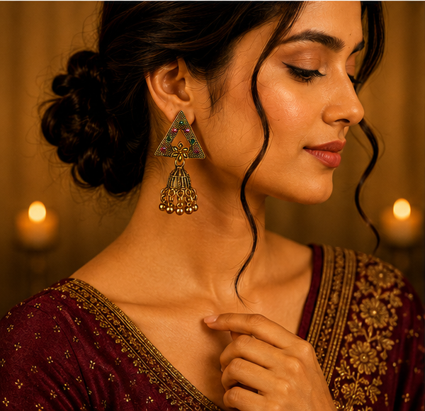 Antique Gold Triangle Stone Jhumka Earrings with Bell Drops