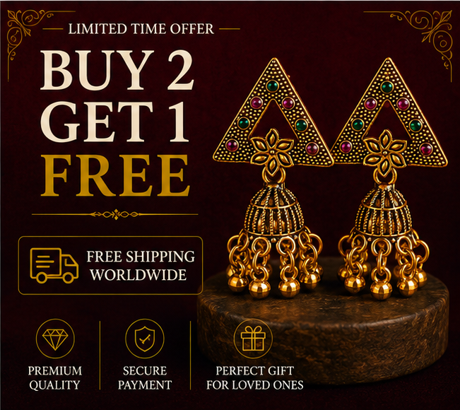 Antique Gold Triangle Stone Jhumka Earrings with Bell Drops