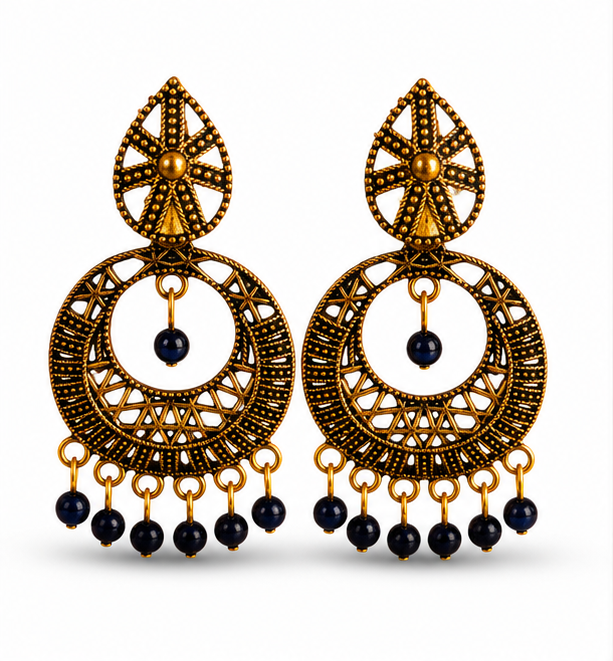 Antique Gold Circular Tribal Dangler Earrings with Navy Blue Bead Drops