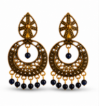 Antique Gold Circular Tribal Dangler Earrings with Navy Blue Bead Drops