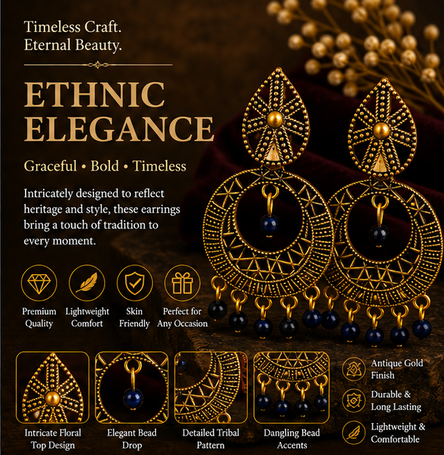 Antique Gold Circular Tribal Dangler Earrings with Navy Blue Bead Drops