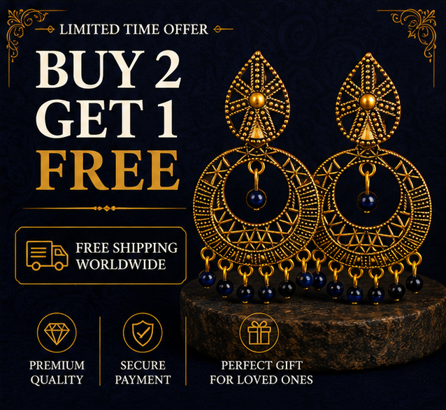 Antique Gold Circular Tribal Dangler Earrings with Navy Blue Bead Drops