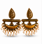 Antique Gold Tribal Chandbali Earrings with Pearl Drops