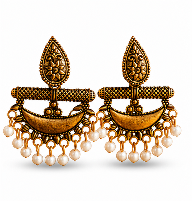 Antique Gold Tribal Chandbali Earrings with Pearl Drops