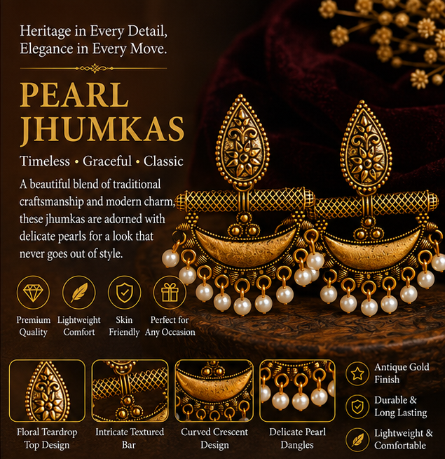 Antique Gold Tribal Chandbali Earrings with Pearl Drops