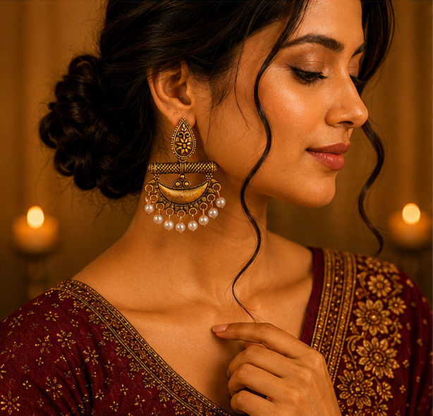 Antique Gold Tribal Chandbali Earrings with Pearl Drops