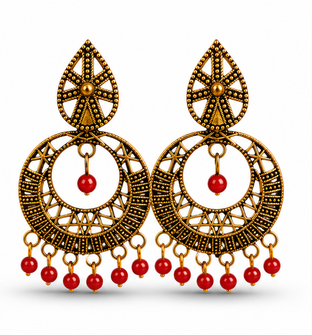 Antique Gold Circular Tribal Dangler Earrings with Red Bead Drops