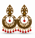 Antique Gold Circular Tribal Dangler Earrings with Red Bead Drops