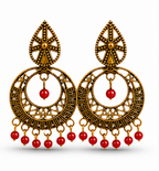 Antique Gold Circular Tribal Dangler Earrings with Red Bead Drops