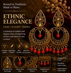 Antique Gold Circular Tribal Dangler Earrings with Red Bead Drops