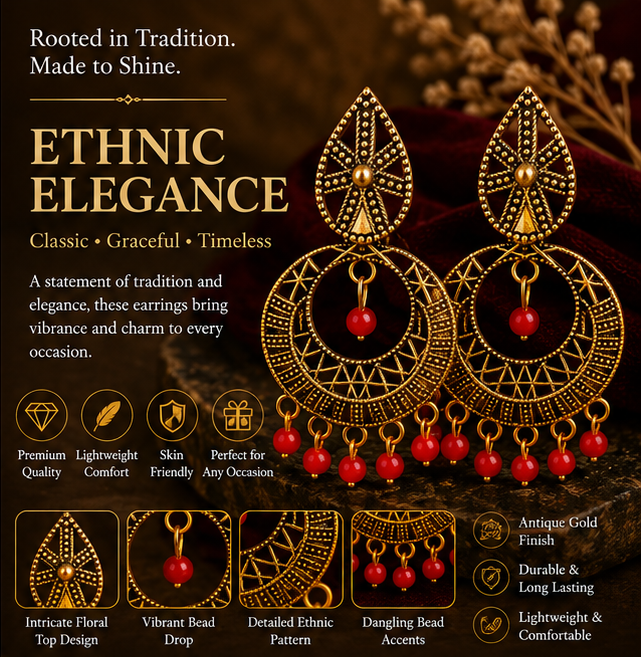 Antique Gold Circular Tribal Dangler Earrings with Red Bead Drops