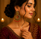 Antique Gold Circular Tribal Dangler Earrings with Red Bead Drops