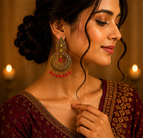 Antique Gold Circular Tribal Dangler Earrings with Red Bead Drops