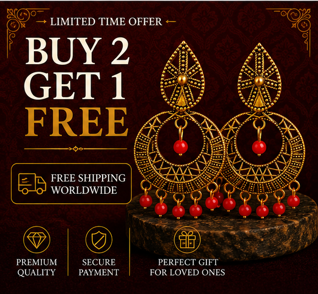 Antique Gold Circular Tribal Dangler Earrings with Red Bead Drops