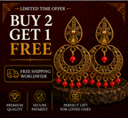 Antique Gold Circular Tribal Dangler Earrings with Red Bead Drops
