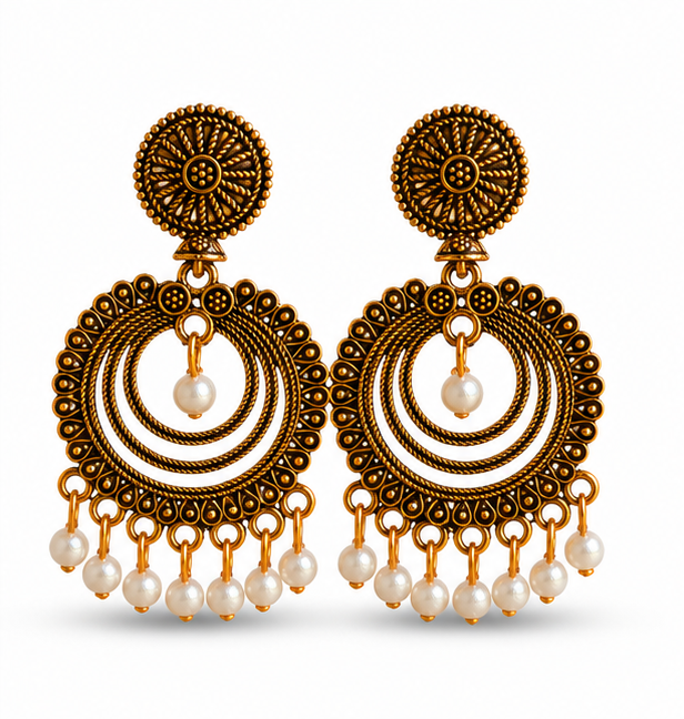 Antique Gold Circular Chandbali Earrings with Pearl Drops