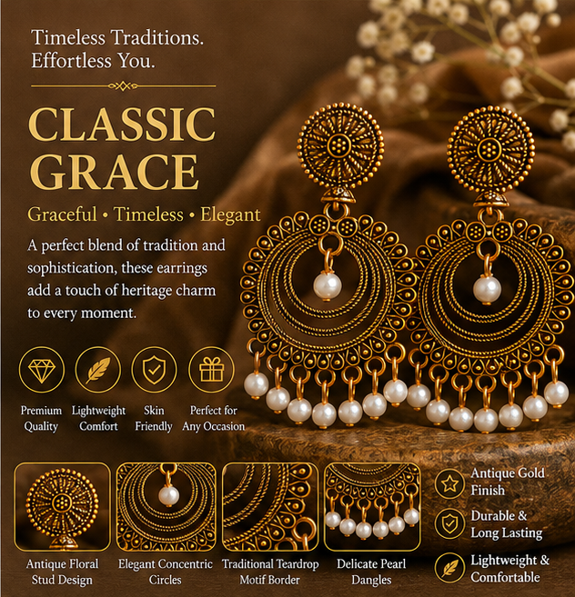 Antique Gold Circular Chandbali Earrings with Pearl Drops
