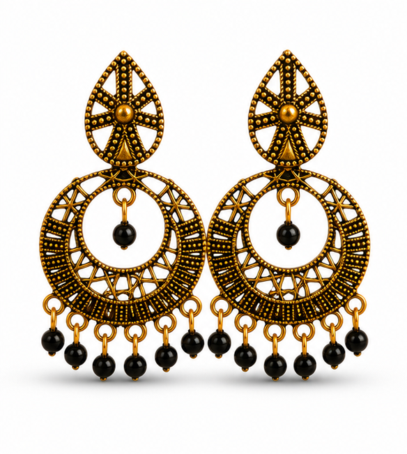 Antique Gold Circular Tribal Dangler Earrings with Black Bead Drops