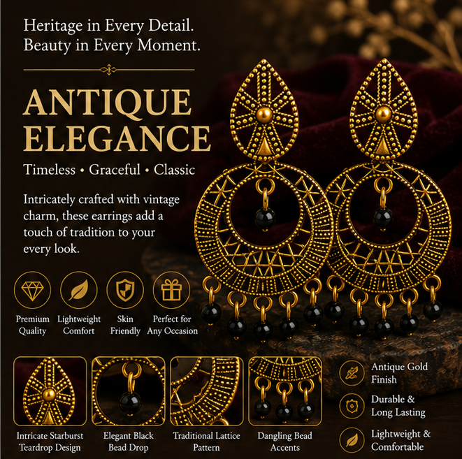 Antique Gold Circular Tribal Dangler Earrings with Black Bead Drops