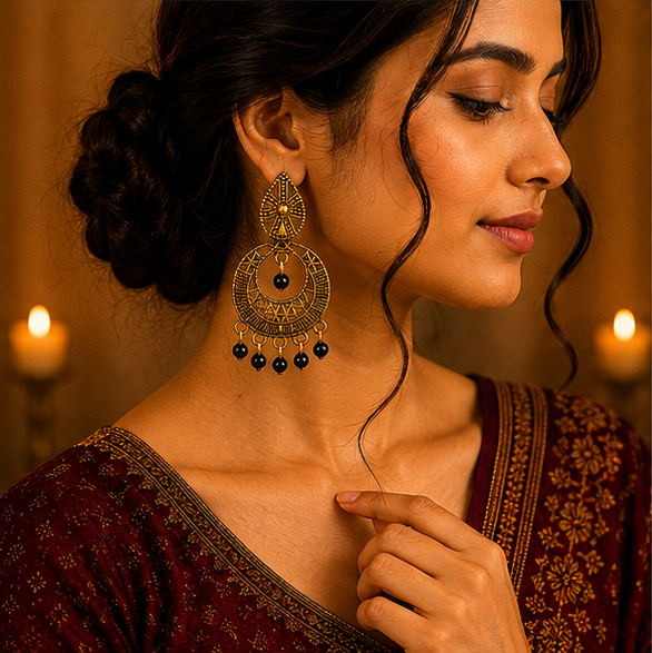 Antique Gold Circular Tribal Dangler Earrings with Black Bead Drops
