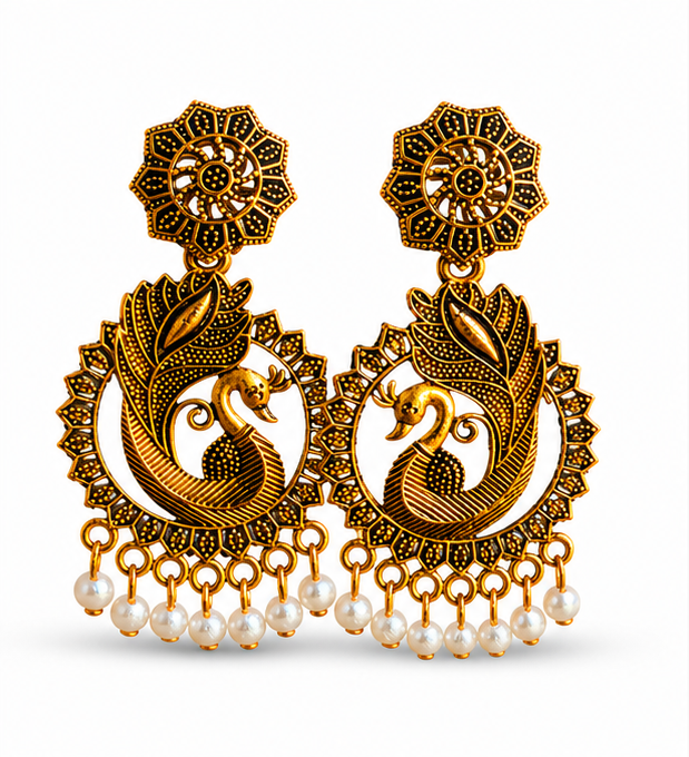 Antique Gold Peacock Pearl Statement Earrings for Women