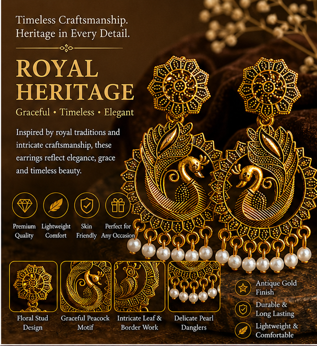 Antique Gold Peacock Pearl Statement Earrings for Women