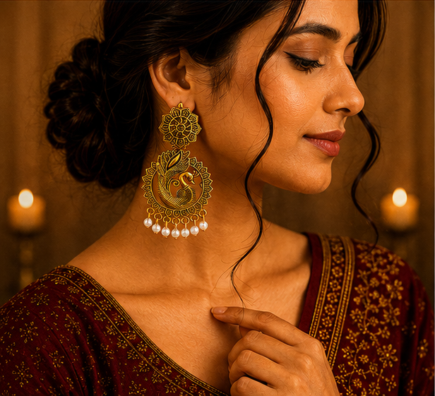 Antique Gold Peacock Pearl Statement Earrings for Women