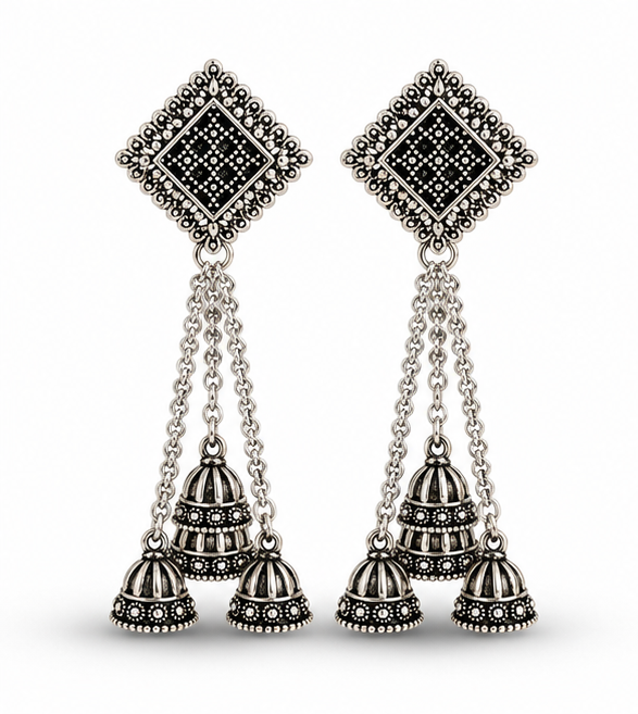 Oxidised Silver Triple Jhumka Chain Dangler Earrings for Women