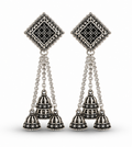 Oxidised Silver Triple Jhumka Chain Dangler Earrings for Women