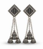 Oxidised Silver Triple Jhumka Chain Dangler Earrings for Women
