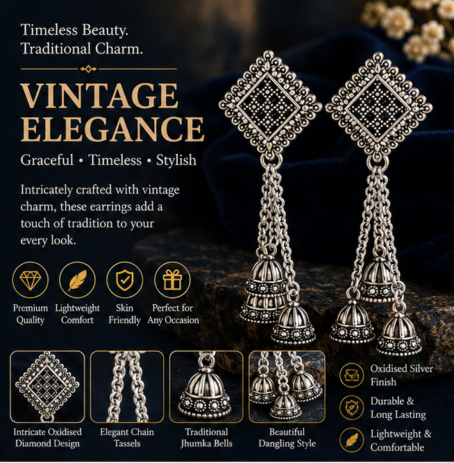 Oxidised Silver Triple Jhumka Chain Dangler Earrings for Women