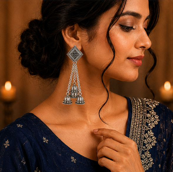 Oxidised Silver Triple Jhumka Chain Dangler Earrings for Women