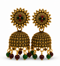 Antique Gold Floral Dome Jhumka Earrings with Green & Maroon Beads