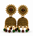 Antique Gold Floral Dome Jhumka Earrings with Green & Maroon Beads