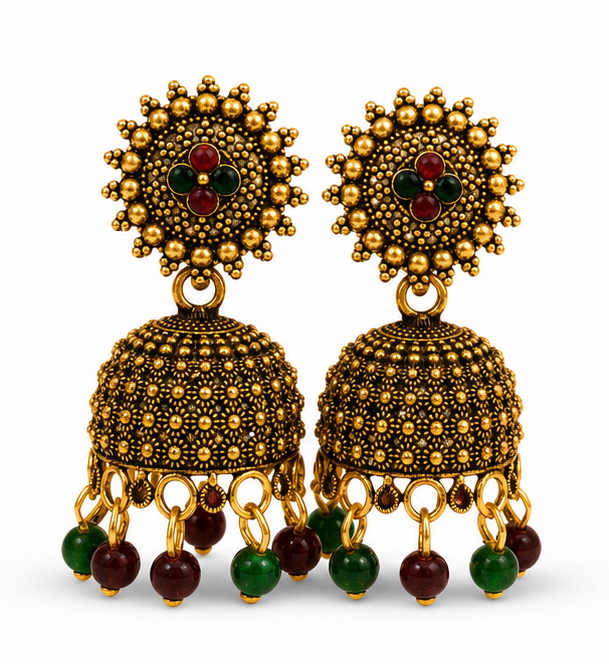 Antique Gold Floral Dome Jhumka Earrings with Green & Maroon Beads