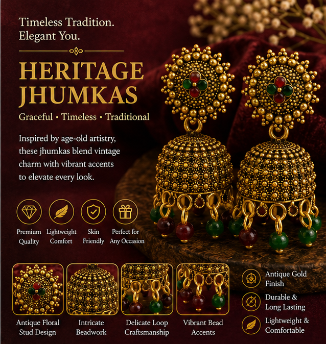 Antique Gold Floral Dome Jhumka Earrings with Green & Maroon Beads