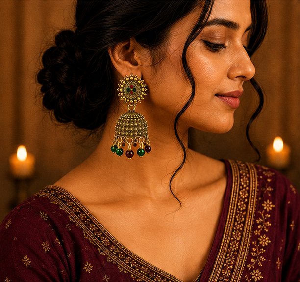 Antique Gold Floral Dome Jhumka Earrings with Green & Maroon Beads