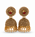Antique Gold American Diamond Pearl Jhumka Earrings with Peacock Motif