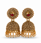 Antique Gold American Diamond Pearl Jhumka Earrings with Peacock Motif