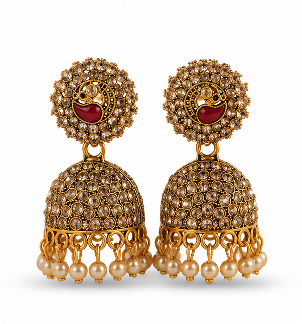 Antique Gold American Diamond Pearl Jhumka Earrings with Peacock Motif