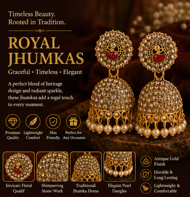 Antique Gold American Diamond Pearl Jhumka Earrings with Peacock Motif